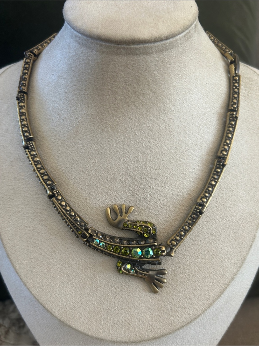 & Other Stories Antique Gold-Tone Green Crystal Lizard Necklace